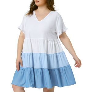 Plus Size Babydoll Short Sleeve Swing Hem Chambray V Neck Mini Dress Light Blue